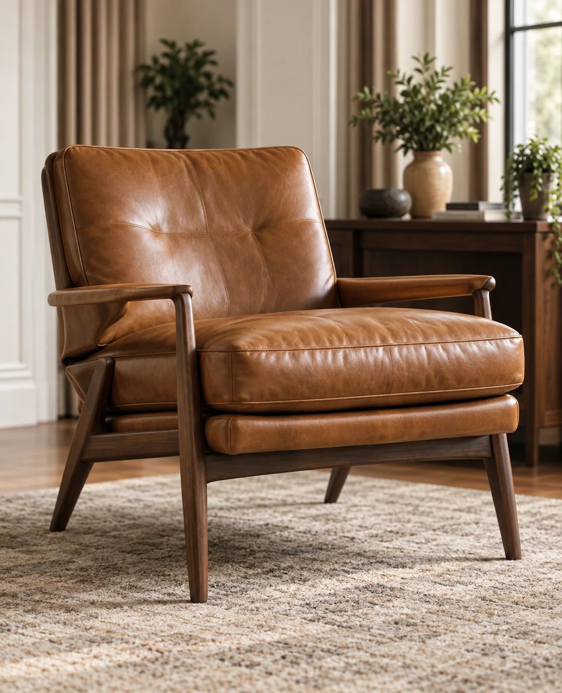 Tan leather lounge chair on a mid-century walnut frame