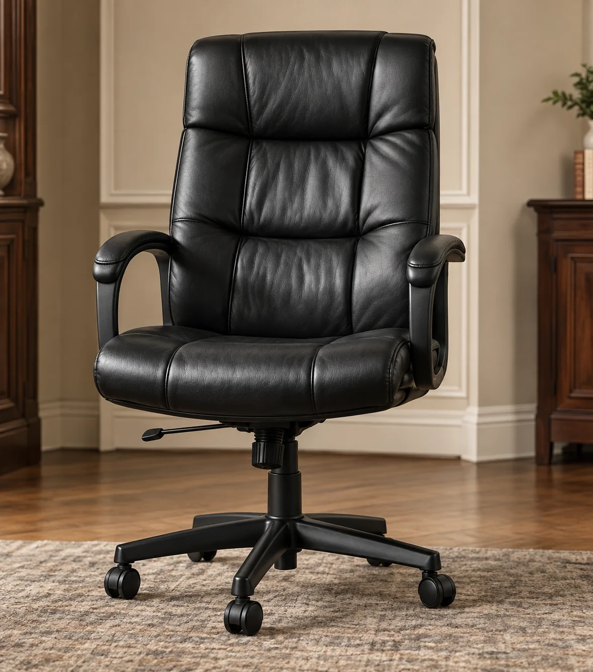 Black leather executive office chair on a five-star castor base