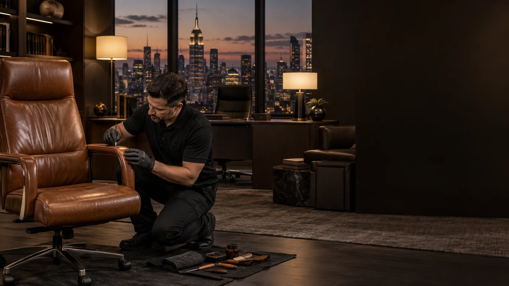 Leather office chair repair NYC: a technician repairs the arm of a cognac leather executive chair in a corner office at dusk