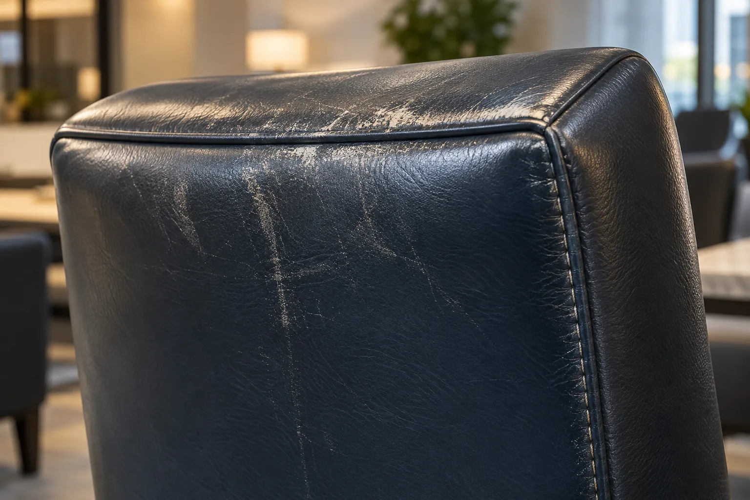 Corner of a leather ottoman showing loss of support
