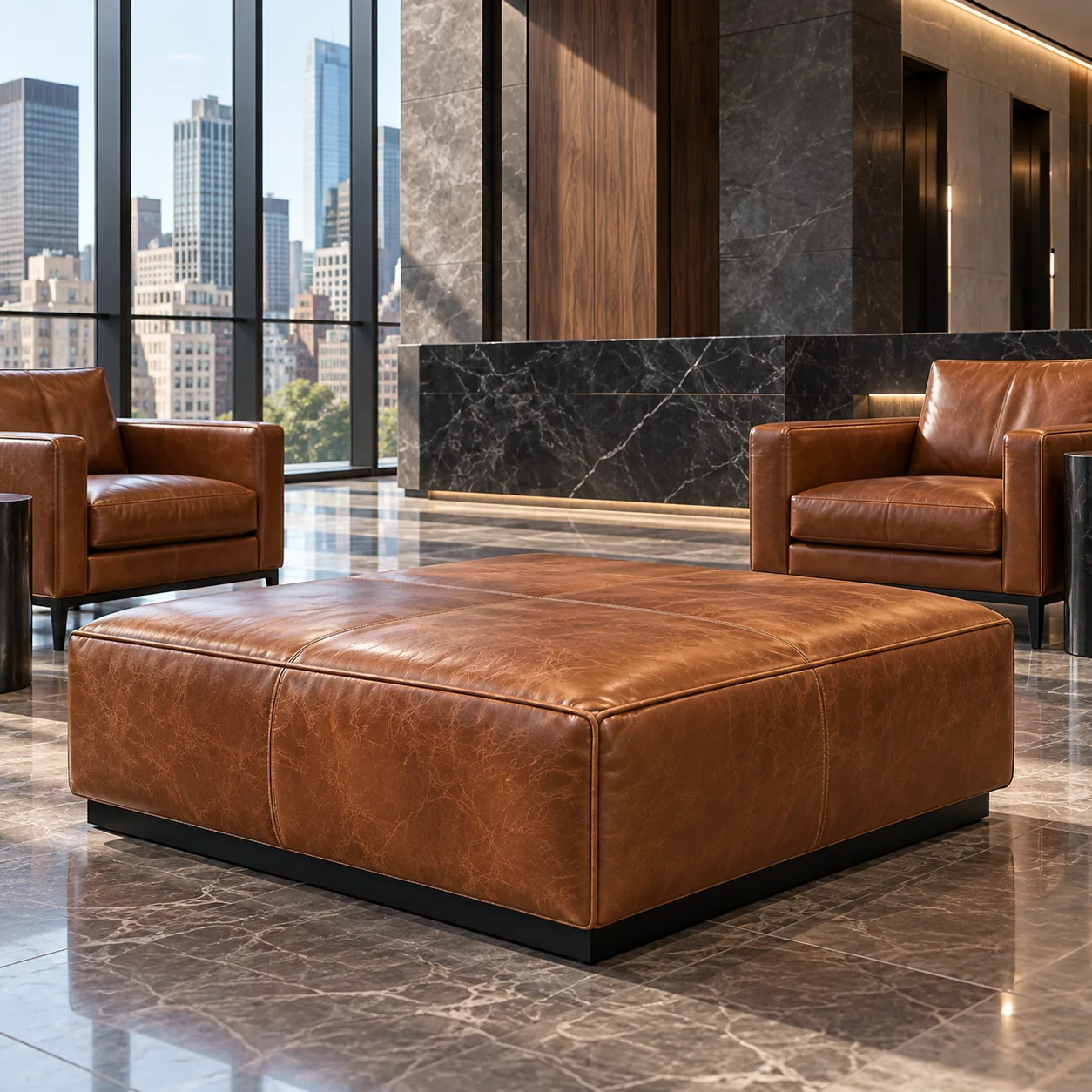 A large square cognac leather ottoman in an office lobby