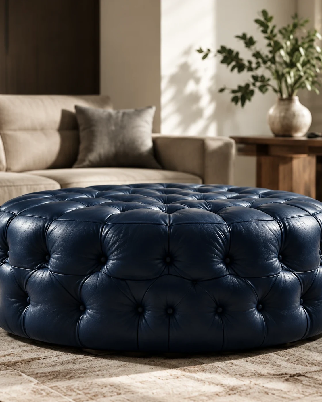 Navy buttoned leather ottoman