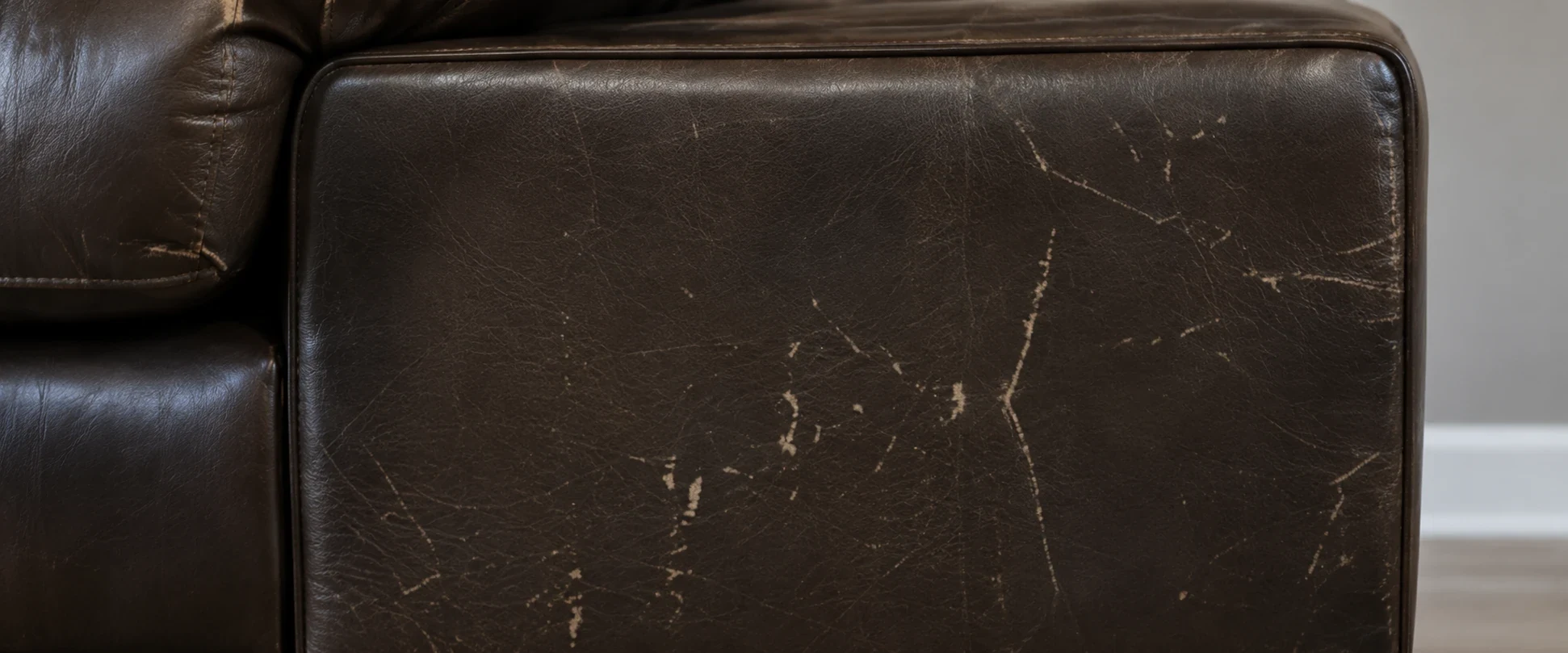 A dark brown outer side panel covered in pale scratches from claws and bags