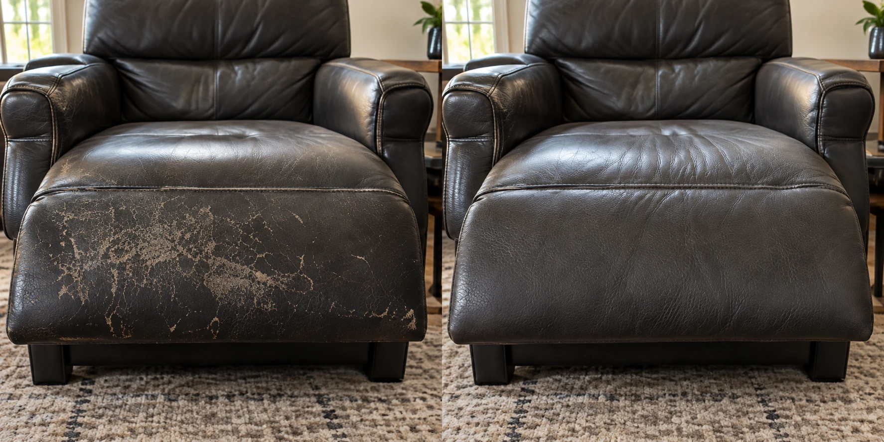 Before and after on a black leather recliner footrest that had cracked away across its face