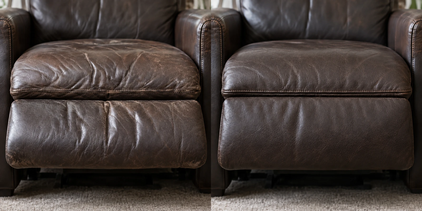 Before and after on a dark brown leather recliner seat and footrest panel