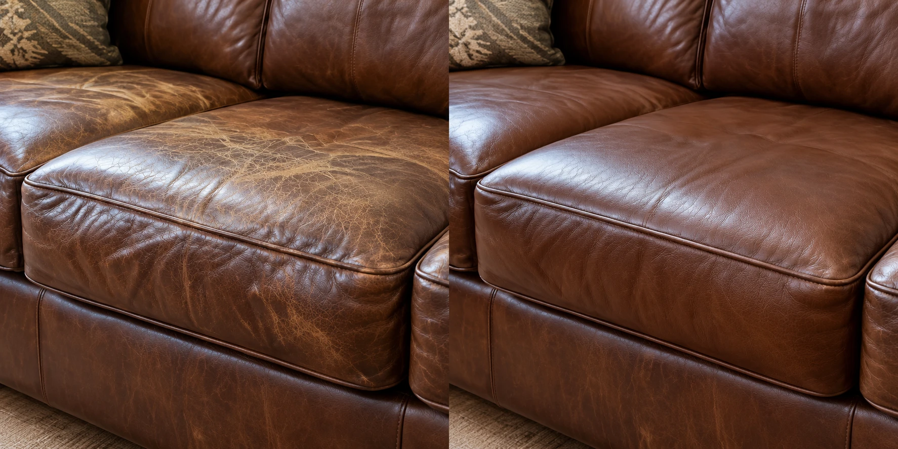Before and after on a brown leather sofa seat panel that had cracked and lost its colour