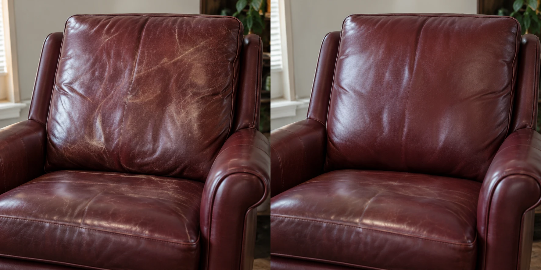 Before and after on a burgundy leather chair back panel that had creased and faded