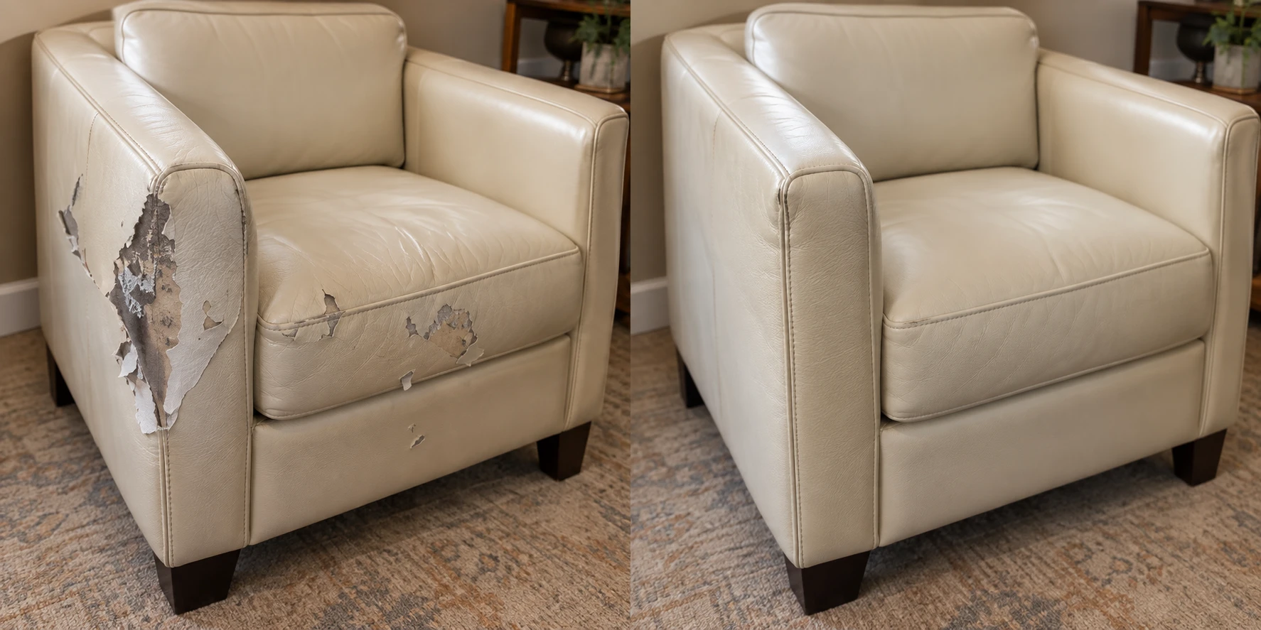 Before and after on a cream leather armchair whose outside arm panel had peeled through to the backing