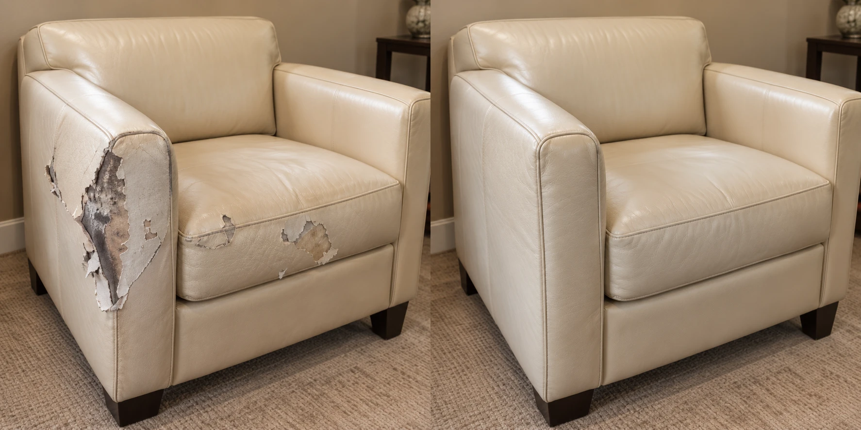 Before and after on a cream leather chair with the outside arm panel replaced and the seat re-covered