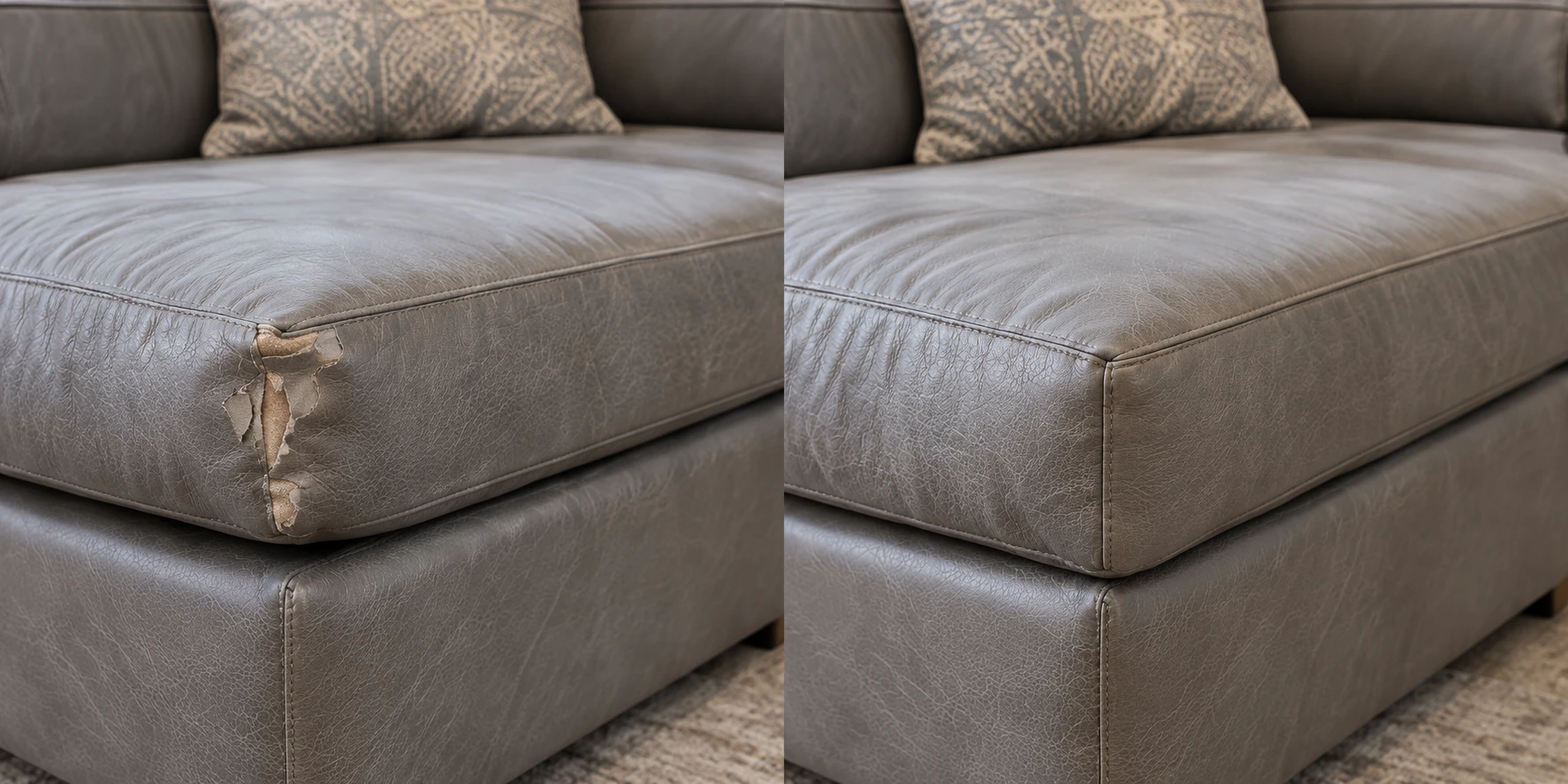Before and after on a grey leather sectional cushion whose front corner had split open