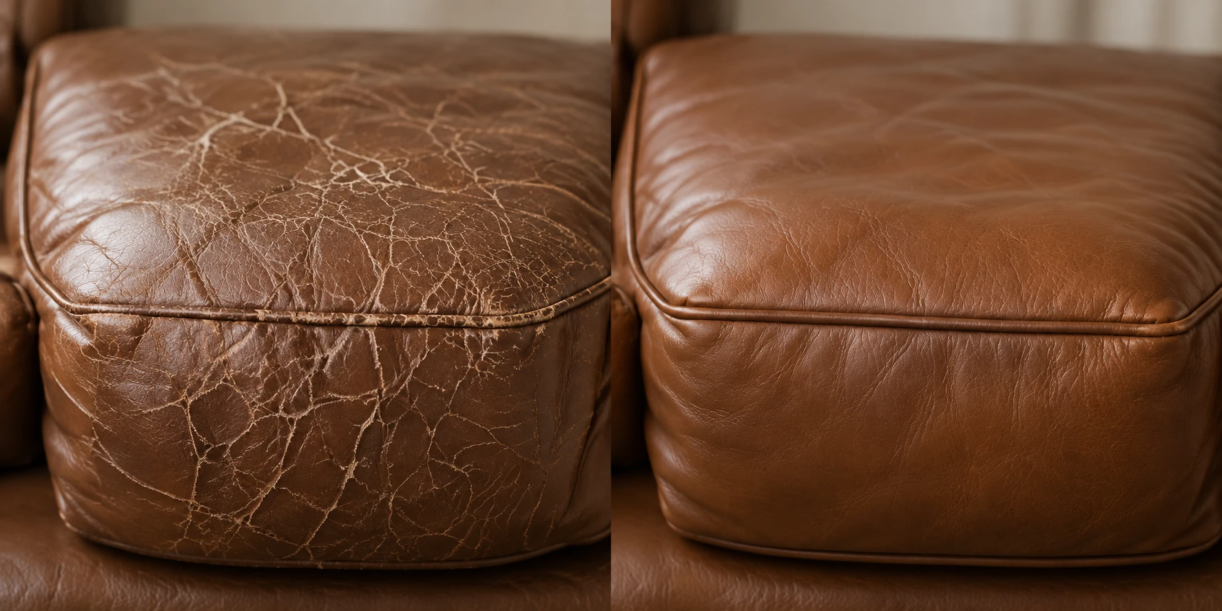 Before and after on a tan leather cushion whose surface had crazed across the top panel