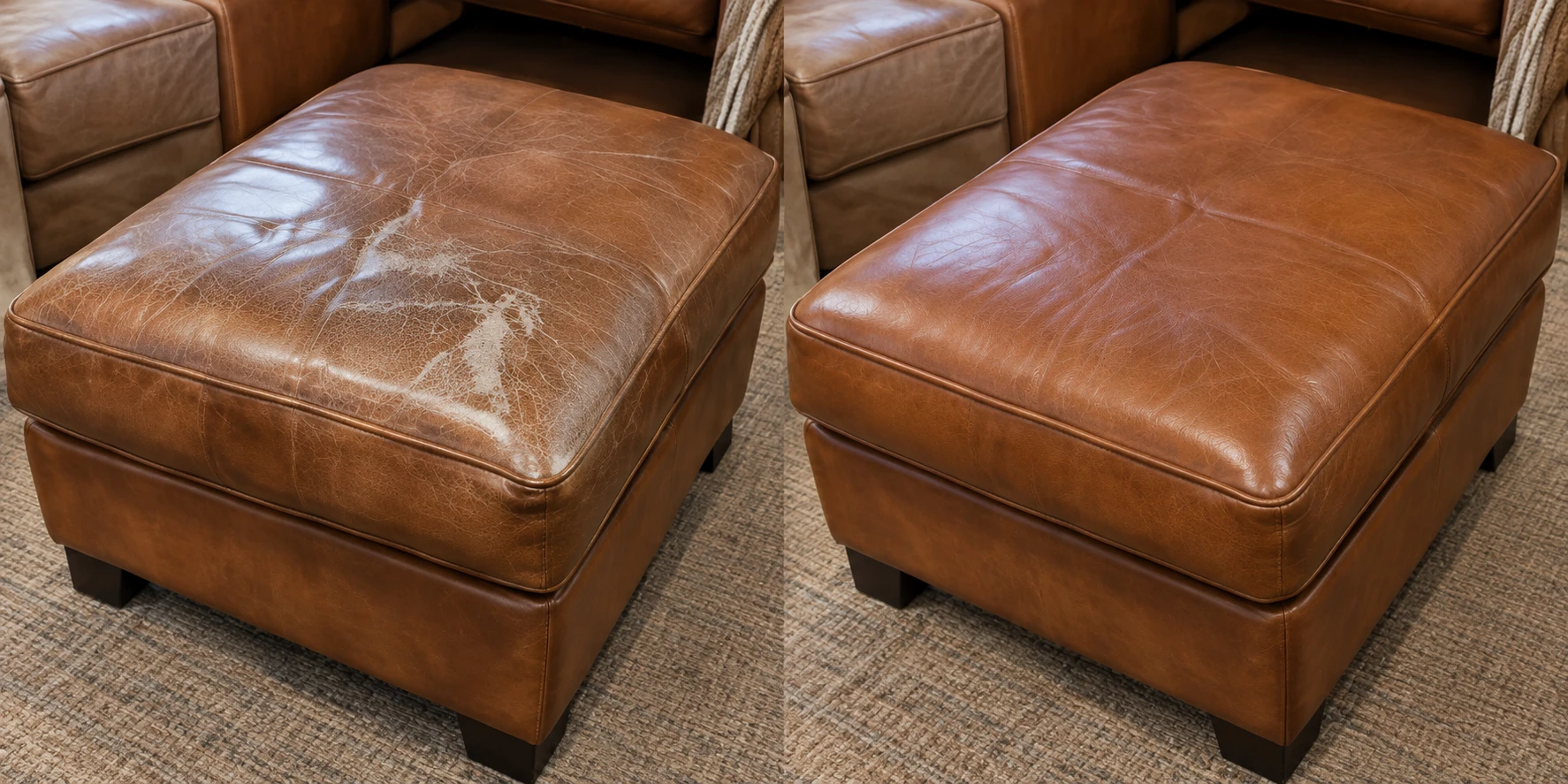 Before and after on a tan leather ottoman whose top panel had cracked and worn pale