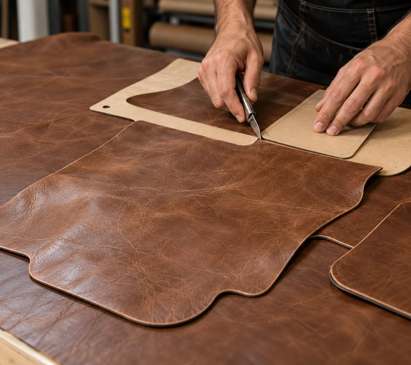 A replacement leather panel being cut on the bench against a card template taken from the old panel