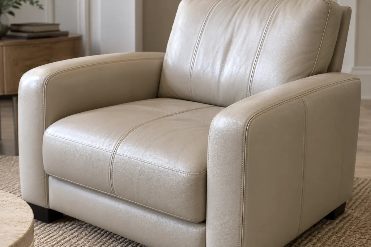 Taupe leather armchair with an evenly finished seat and arms after panel work