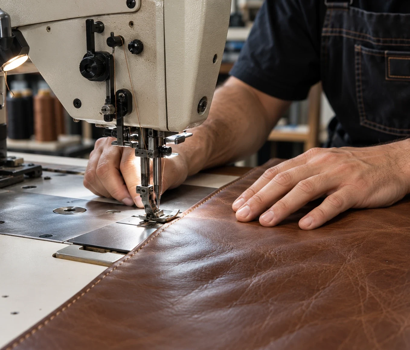 A replacement leather panel being stitched on an industrial walking-foot machine