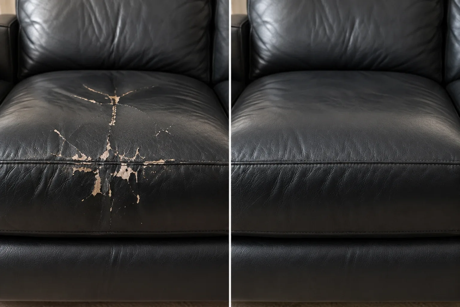 Before and after of a black leather sofa seat cracked and peeling in a star across the seam
