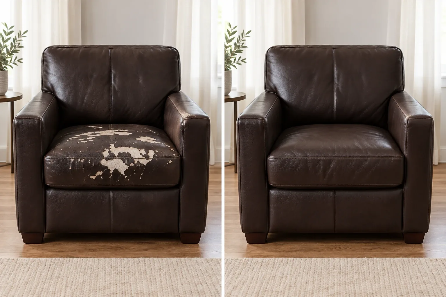 Leather peeling repair before and after on a dark brown leather armchair whose seat cushion had peeled to a pale patch