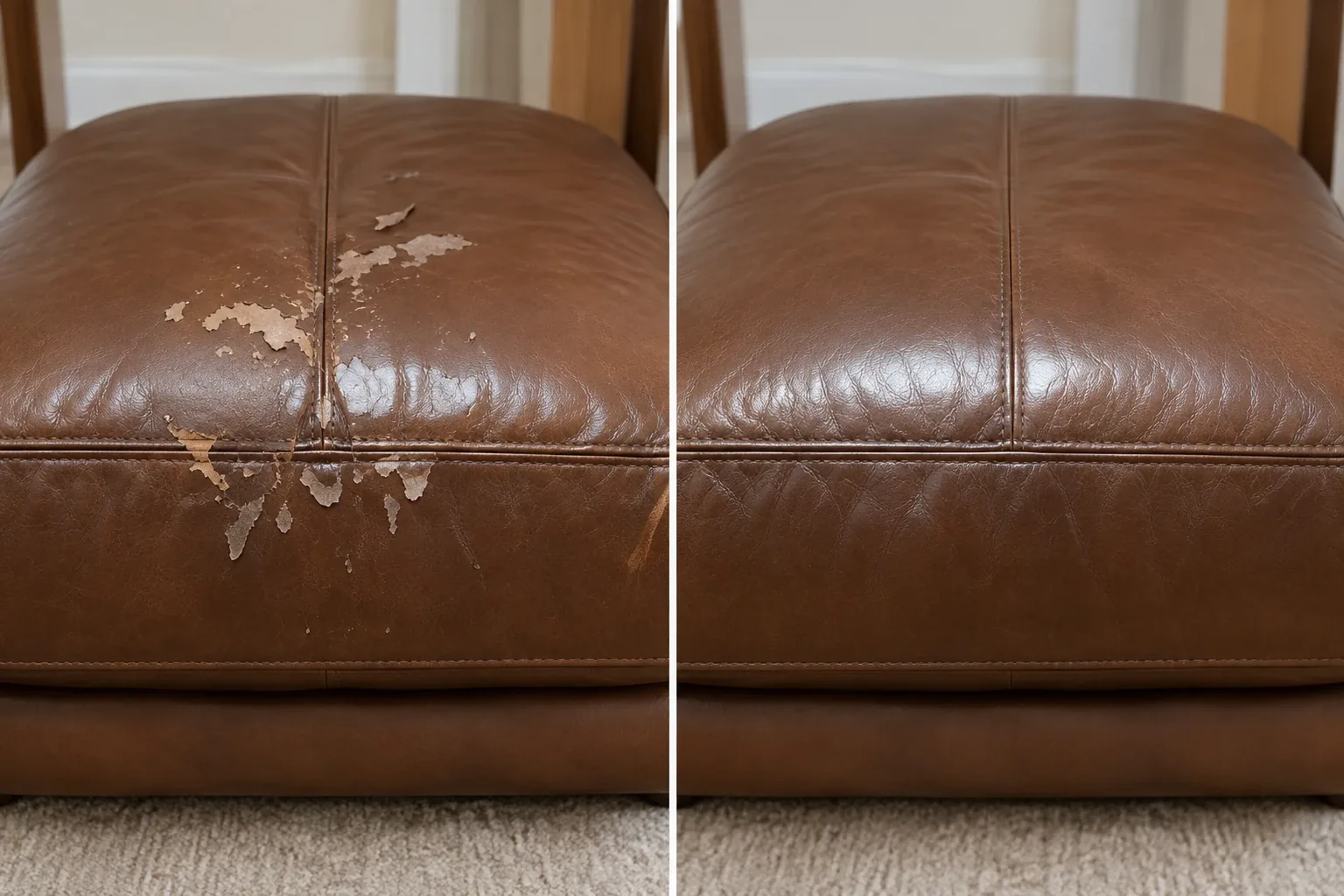 Before and after of a brown leather ottoman peeling along the centre seam