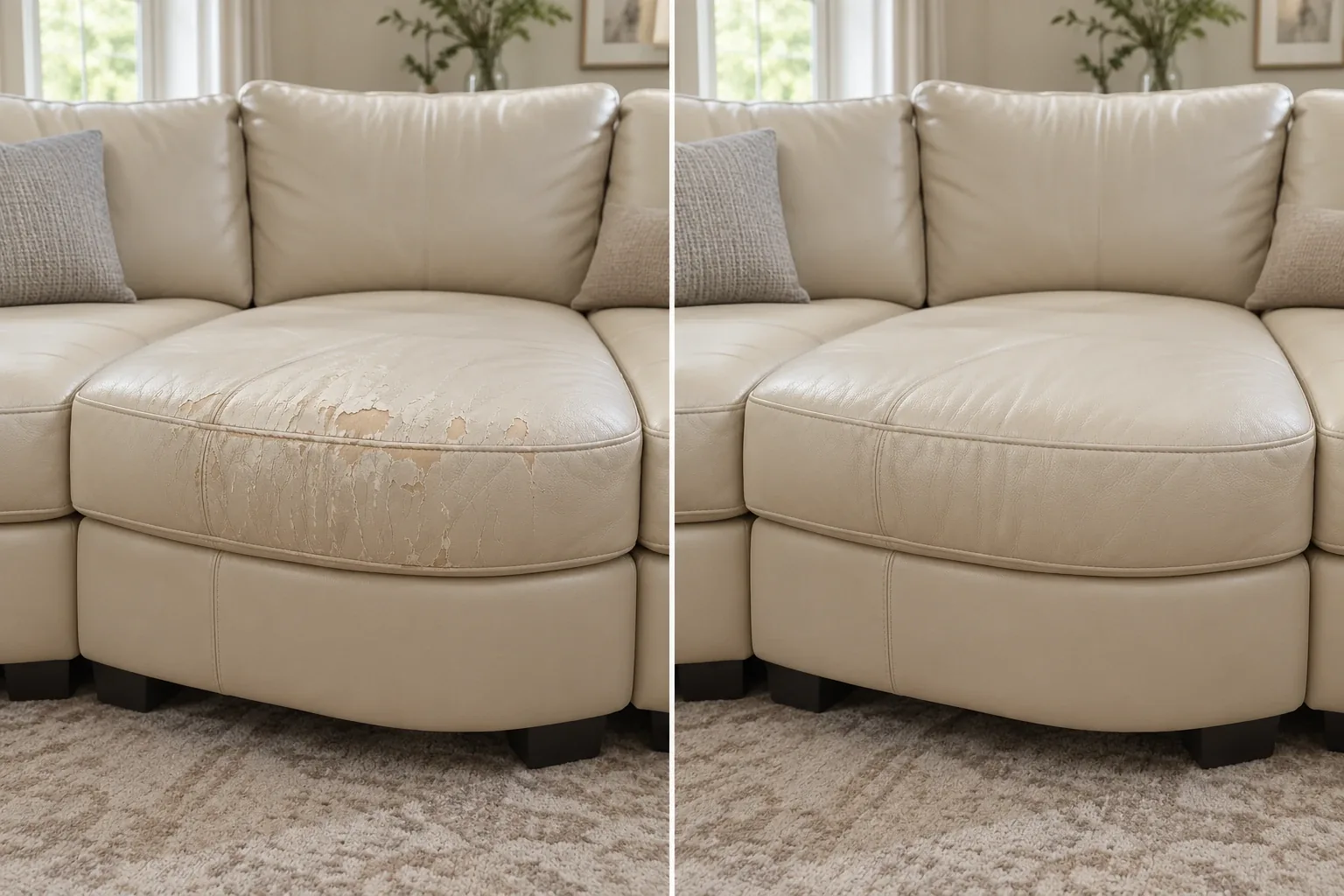 Before and after of a cream leather sectional cushion with peeling across the seat front