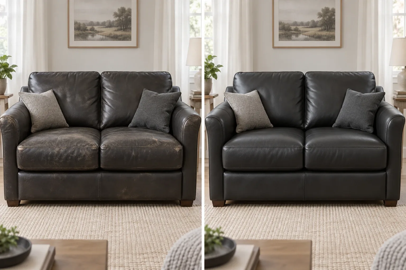 Before and after of a dark brown leather loveseat with the worn, patchy finish rebuilt across every cushion