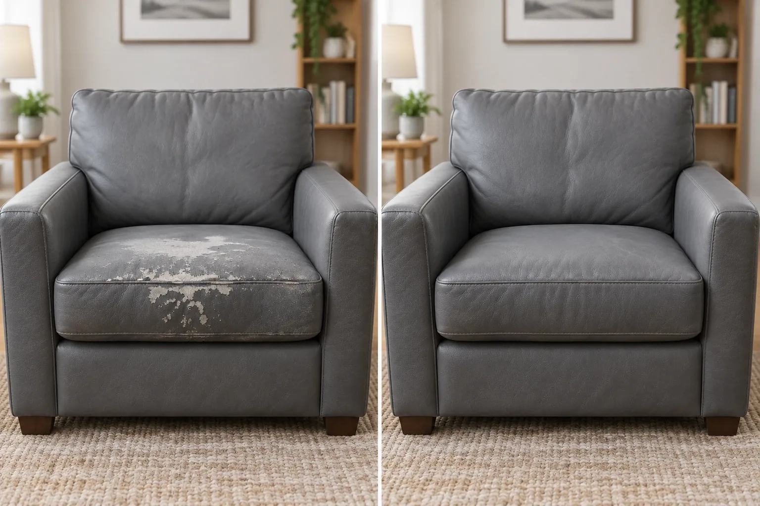 Before and after of a grey leather armchair with the peeled seat cushion recoloured