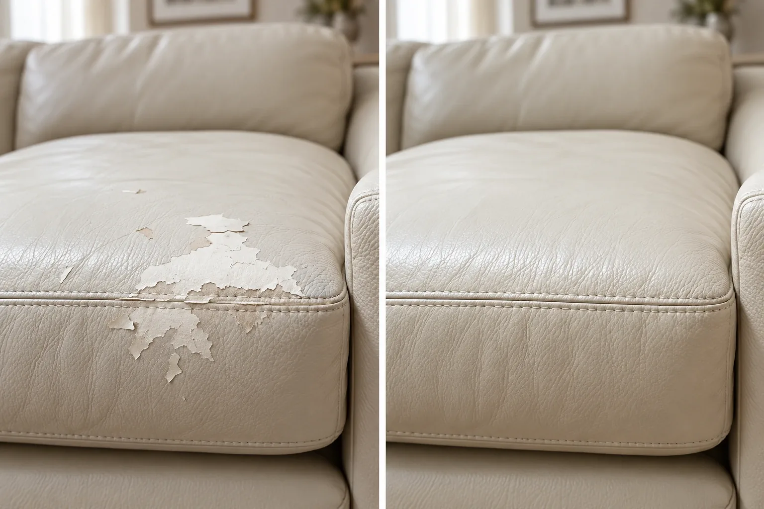 Before and after of an ivory leather sofa cushion with flakes of finish lifting away