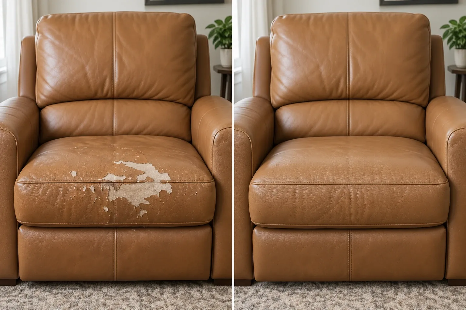 Before and after of a tan leather recliner seat where the finish had lifted in a wide flake