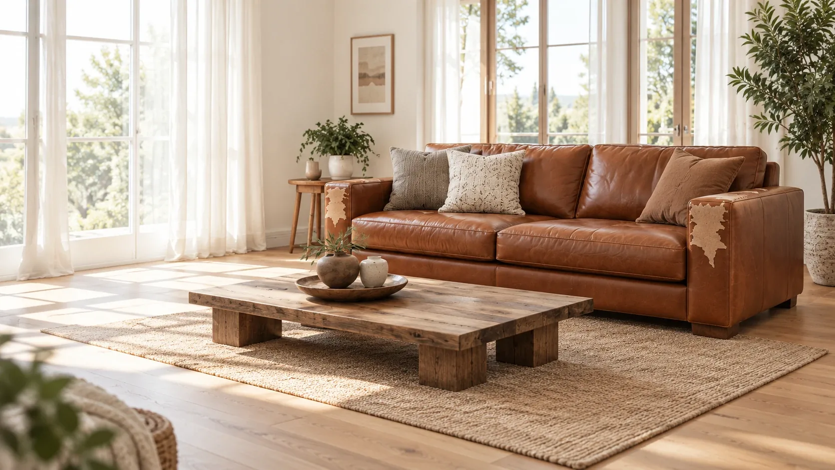 Leather peeling repair in NYC: a sunlit living room with a tan leather sofa, the finish flaking away in pale patches on the arm and side panel