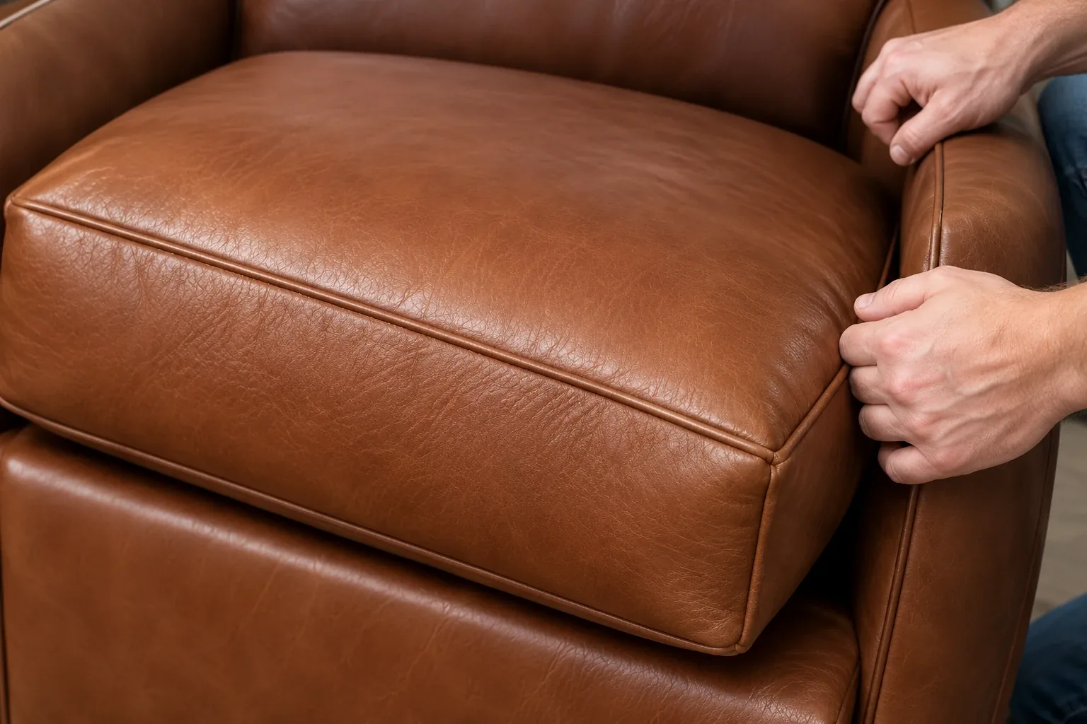 Hands easing a tan leather cushion panel free at the seam of an armchair