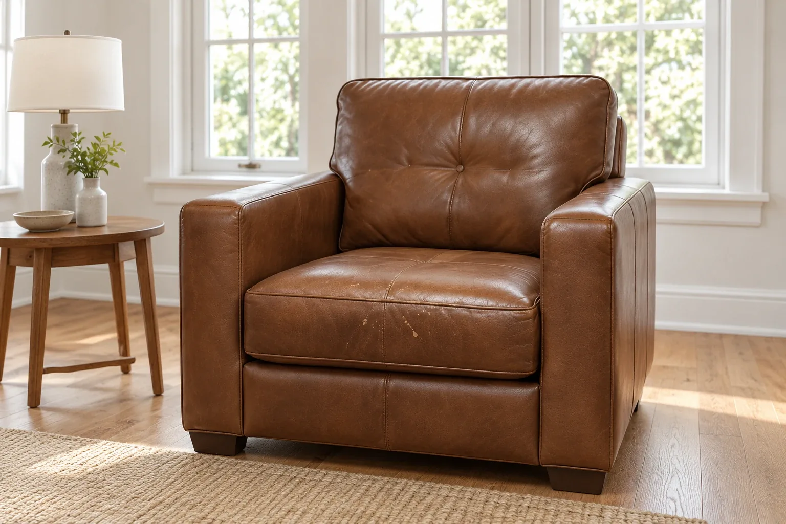 A tan leather armchair re-covered in new hide, standing in a sunlit room