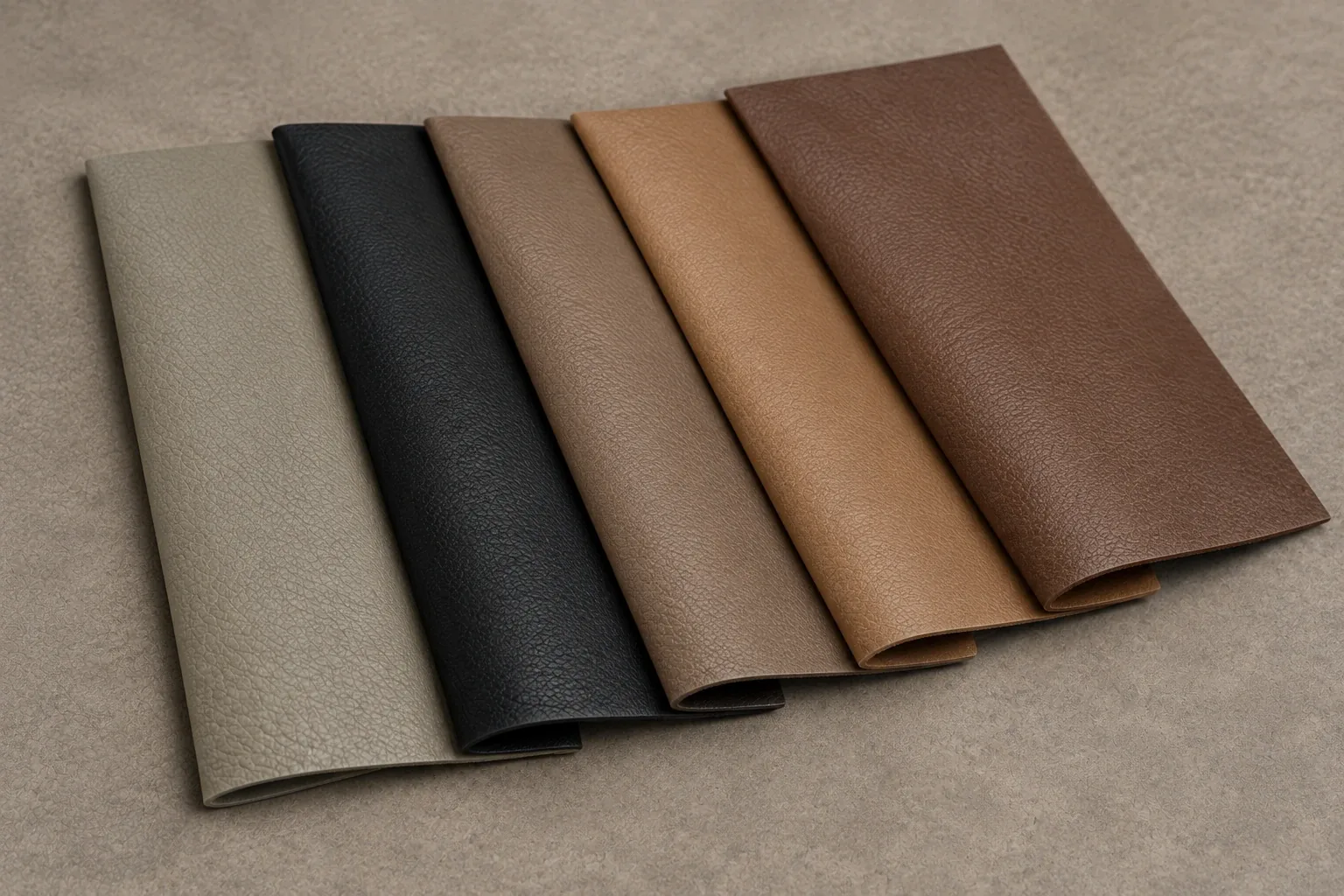 Five folded leather swatches in grey, black, taupe, tan and brown laid out side by side
