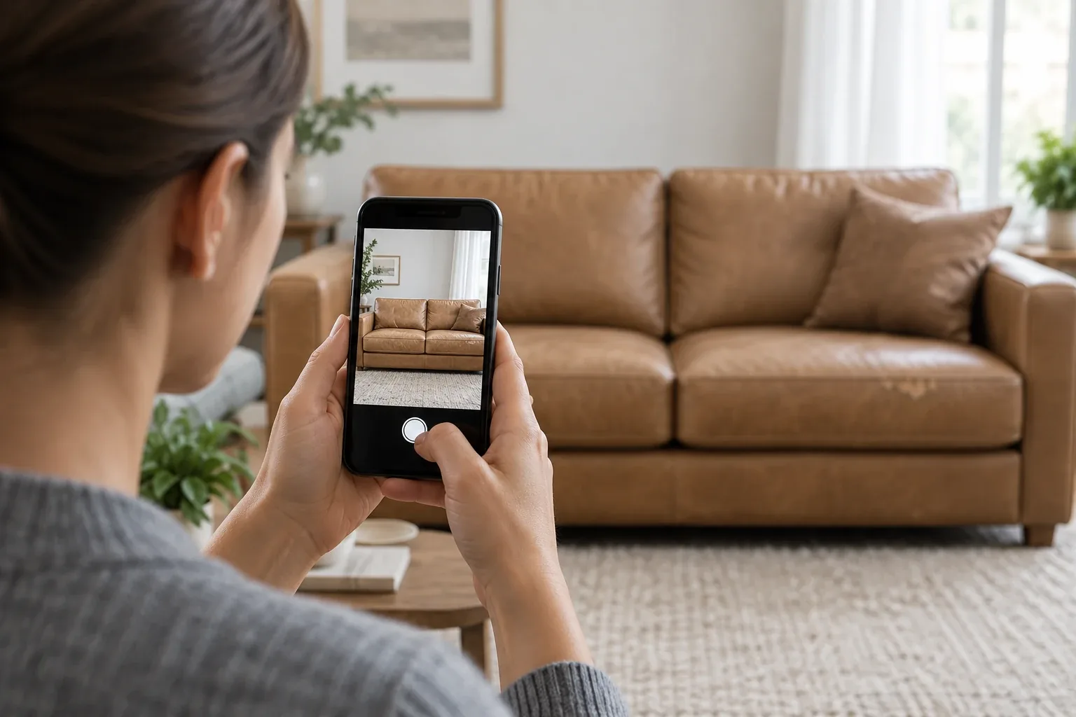 Someone photographing a tan leather sofa with a phone in a bright living room