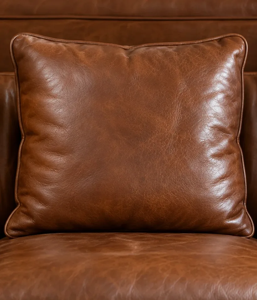 The same brown leather cushion with an even low sheen after treatment