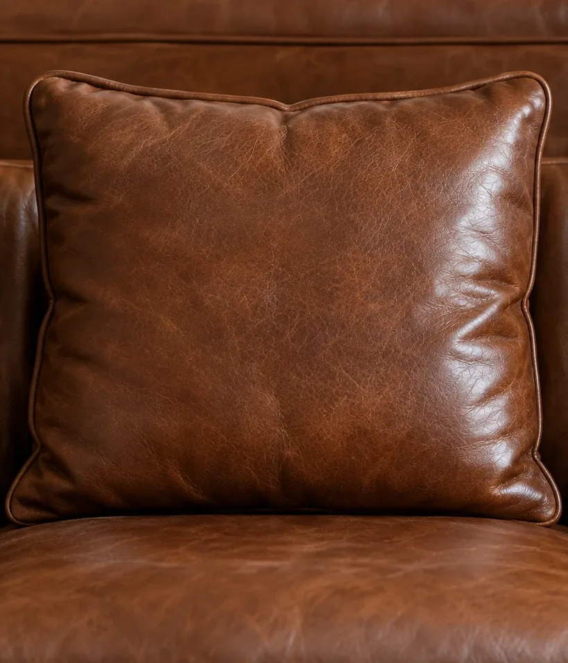 Brown leather cushion with a dry, uneven surface before leather protection