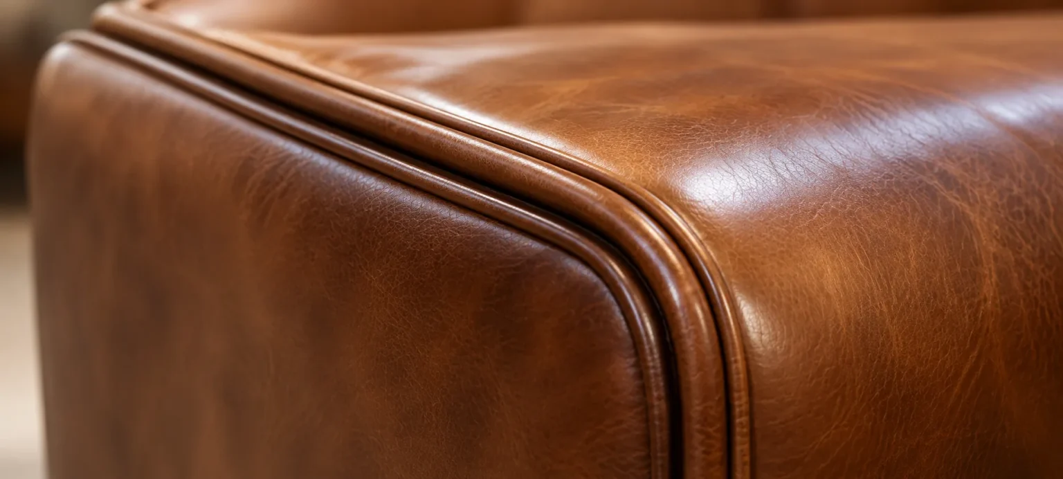 Close-up of leather piping along a cushion edge