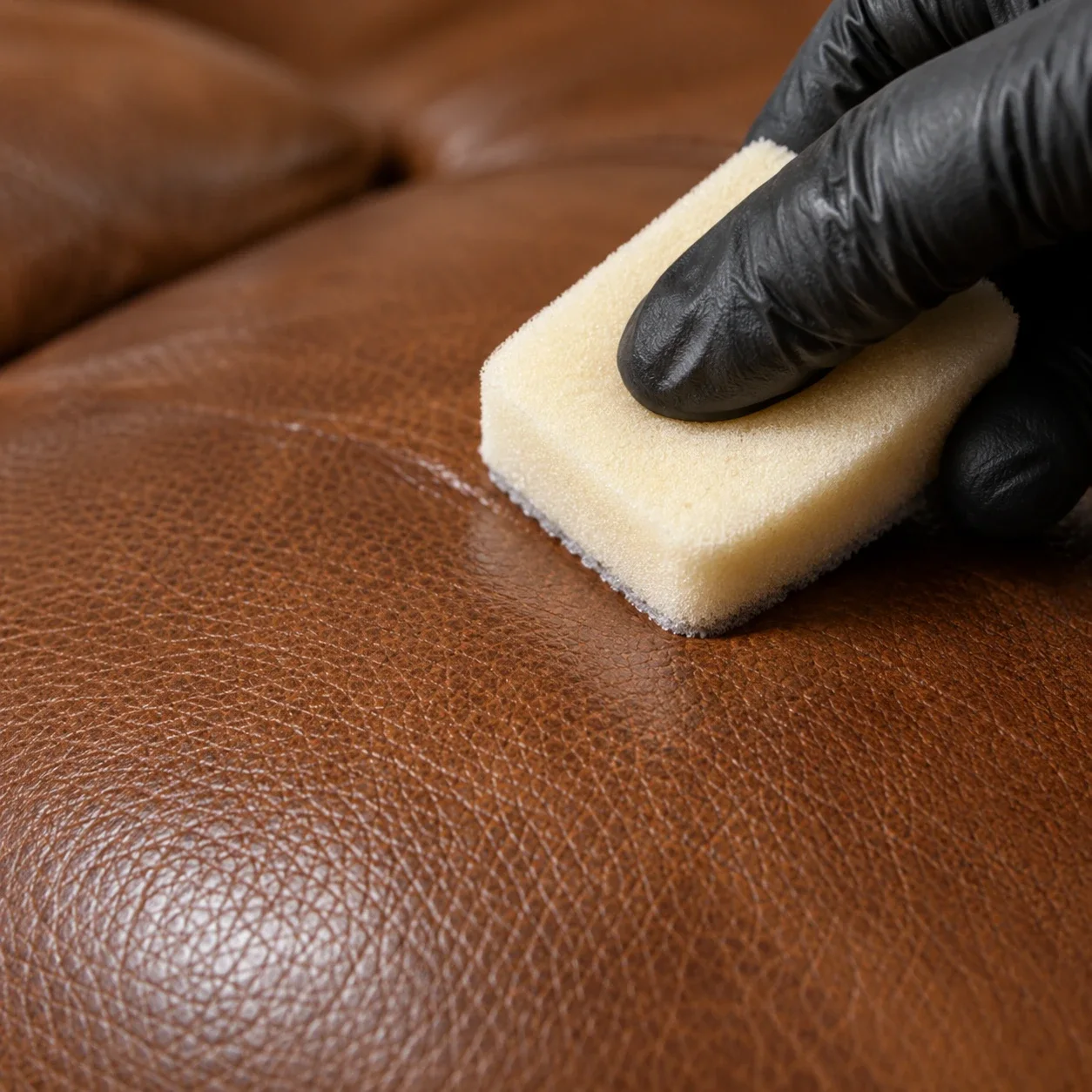 Thin topcoat being laid across brown leather with a sponge applicator