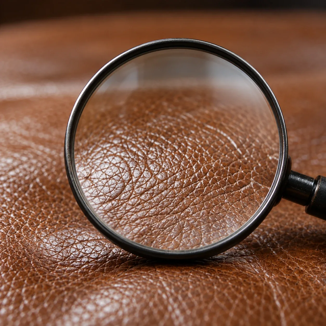 Technician examining a brown leather seat through a magnifier to identify the finish