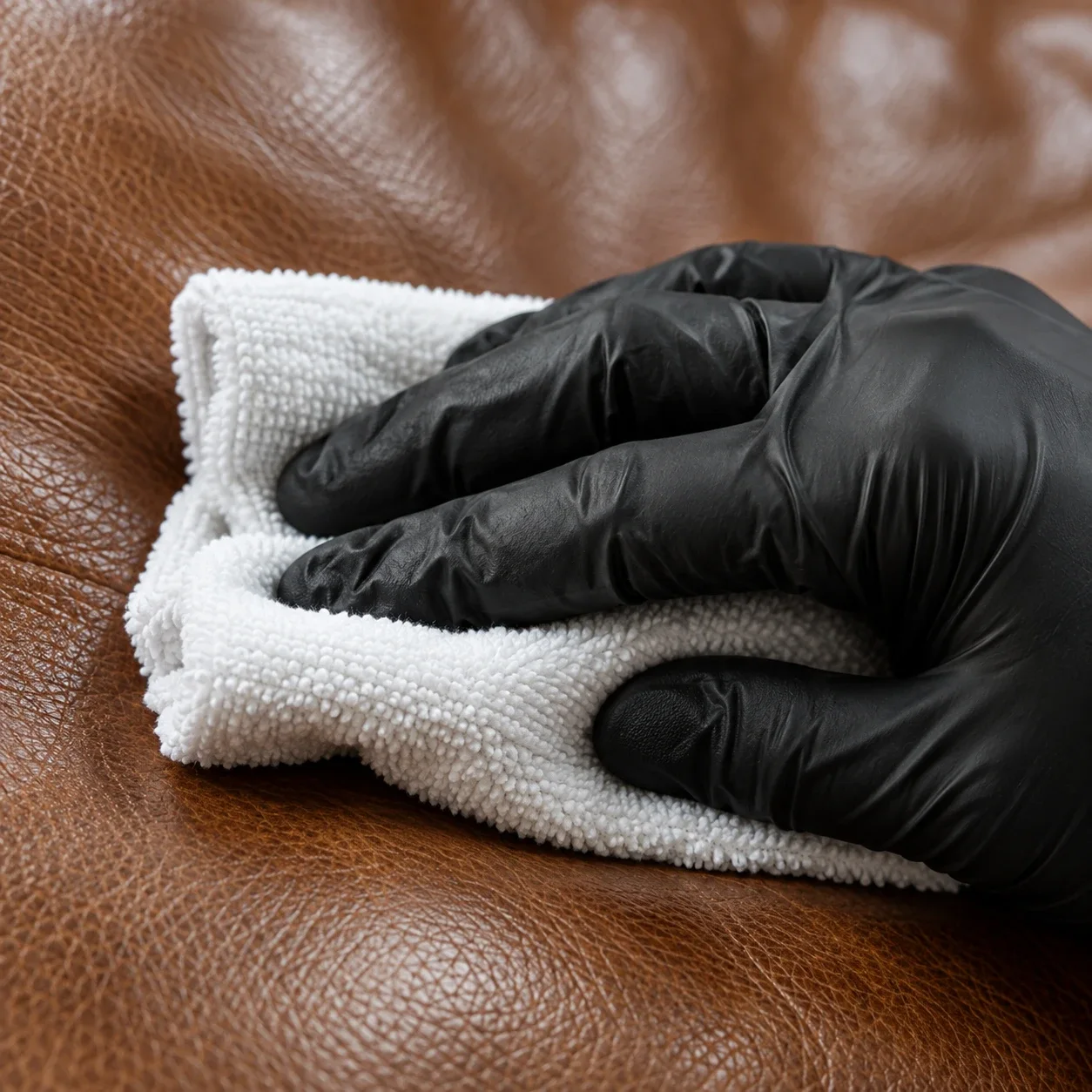 Gloved hand cleaning a brown leather cushion with a folded white cloth