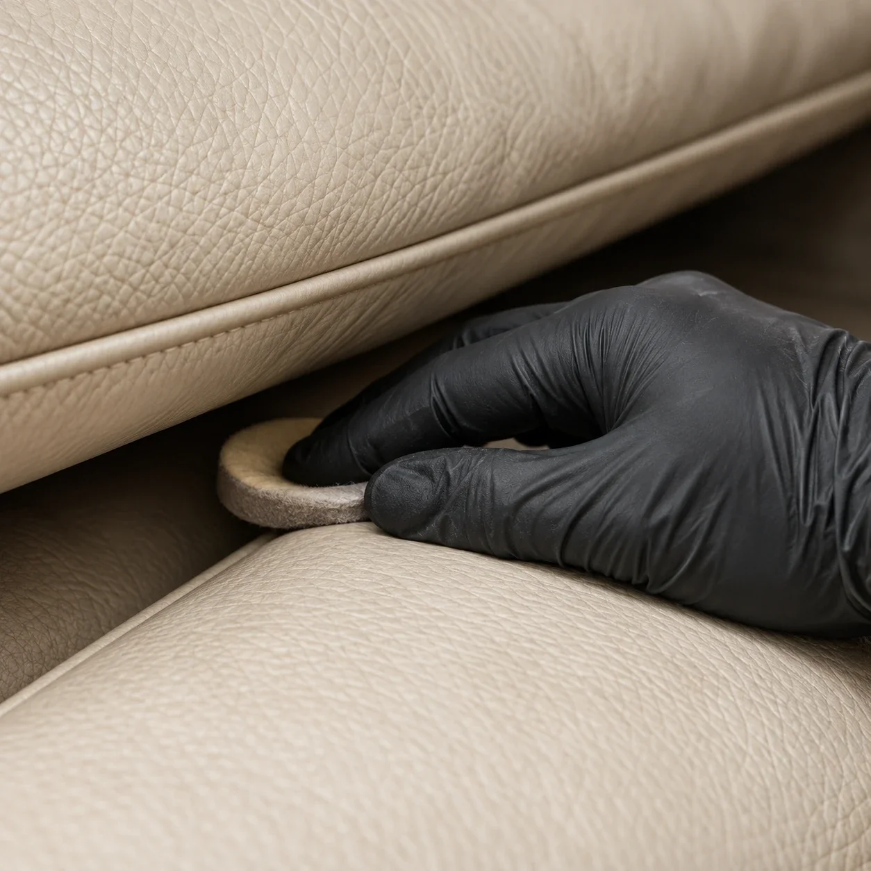 Spot test being applied to a hidden panel on the underside of a leather seat