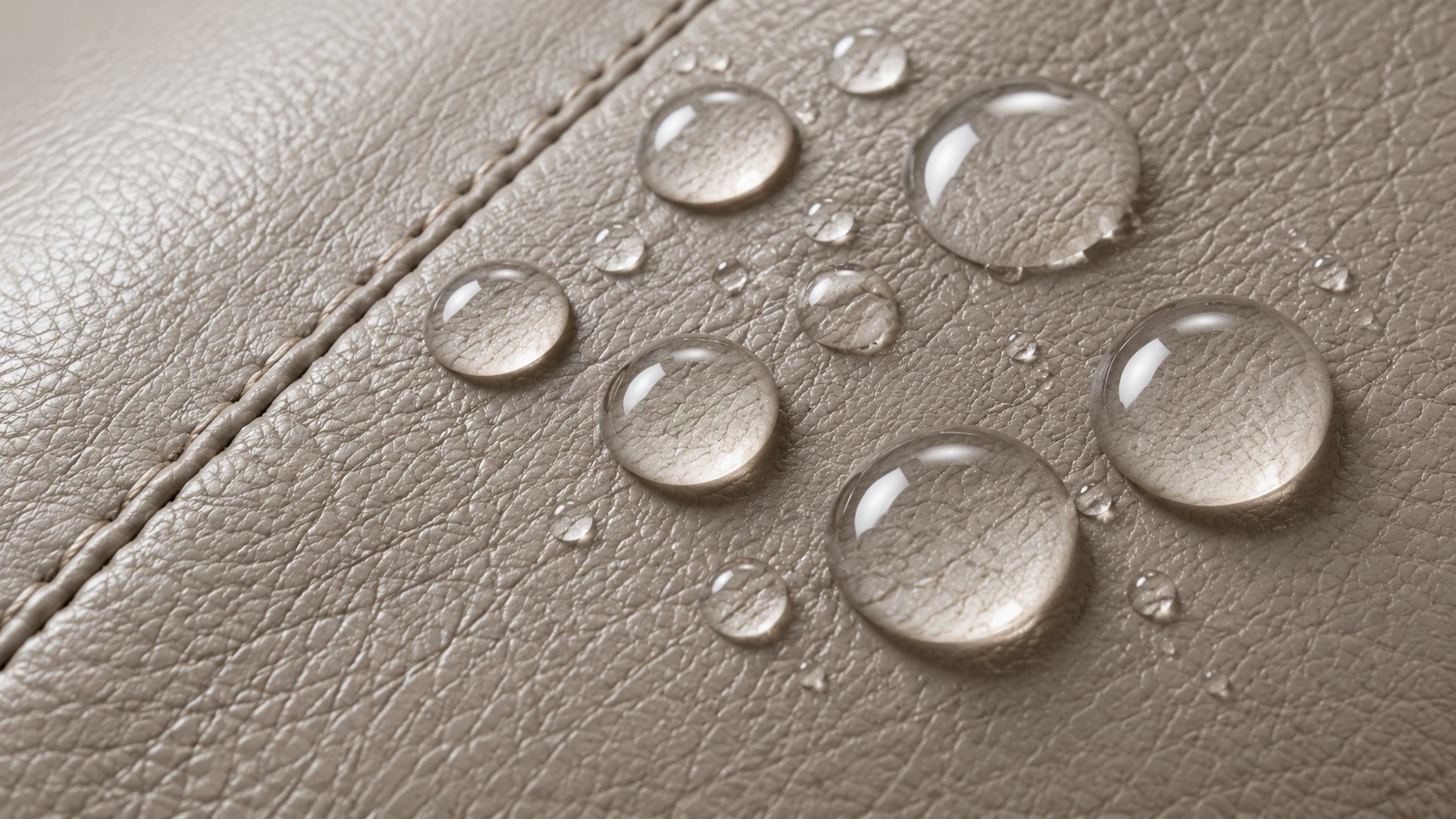 A water droplet beading on protected tan leather