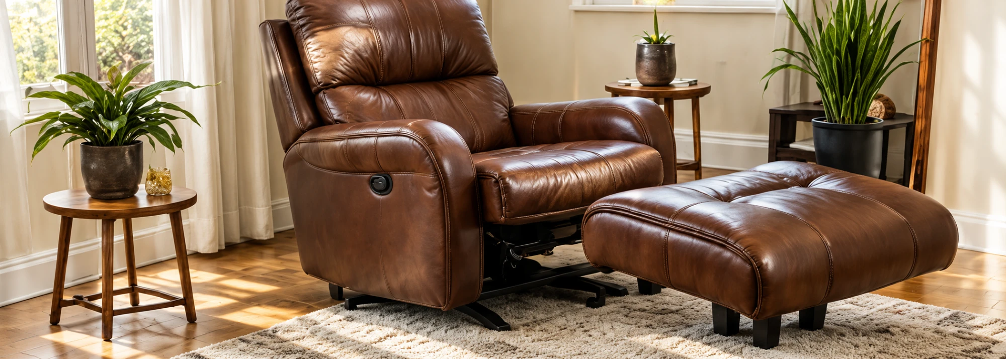 A brown leather recliner and its matching ottoman in a sunlit living room