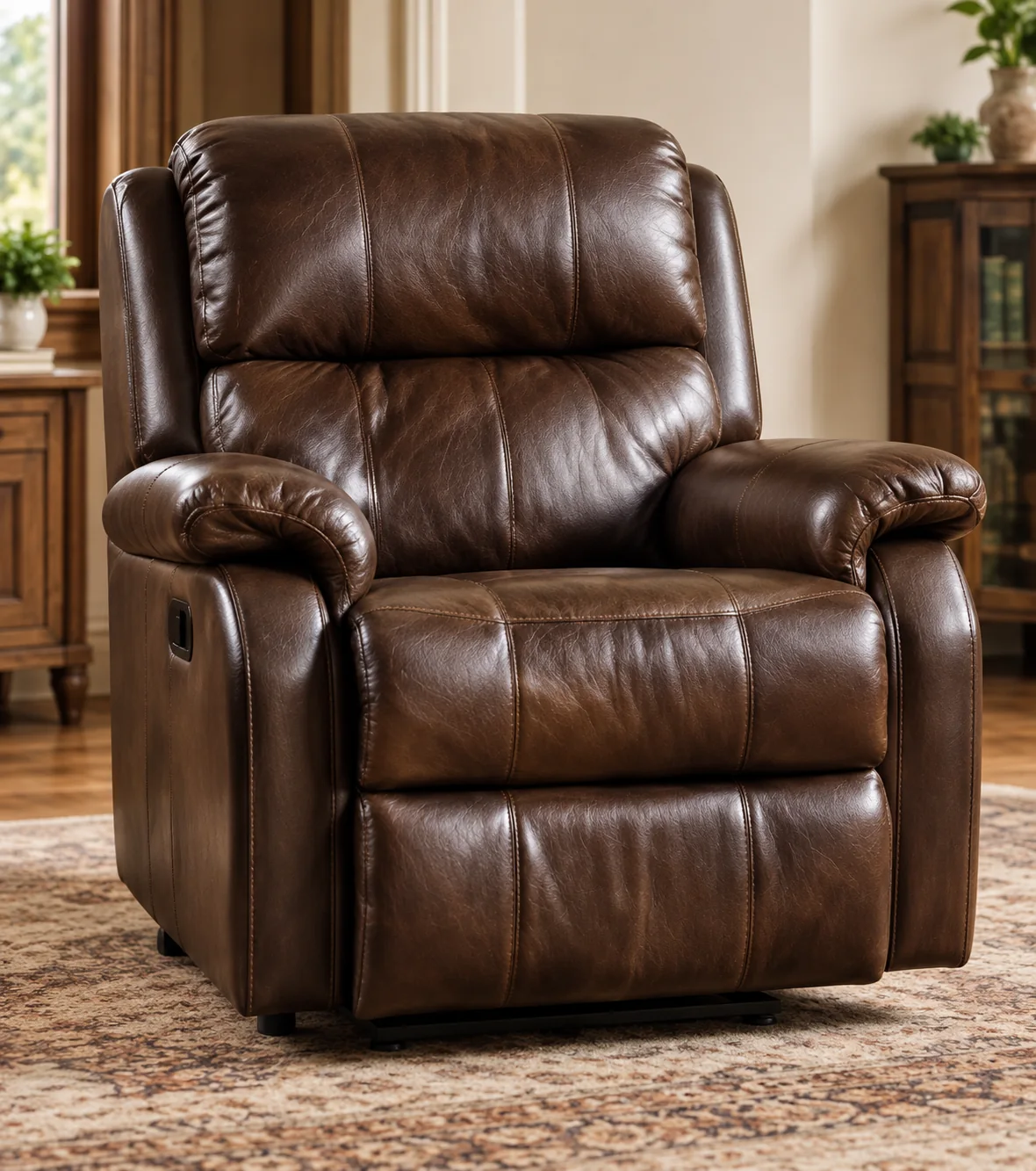 Dark brown padded leather recliner with a wide seat and rolled arms