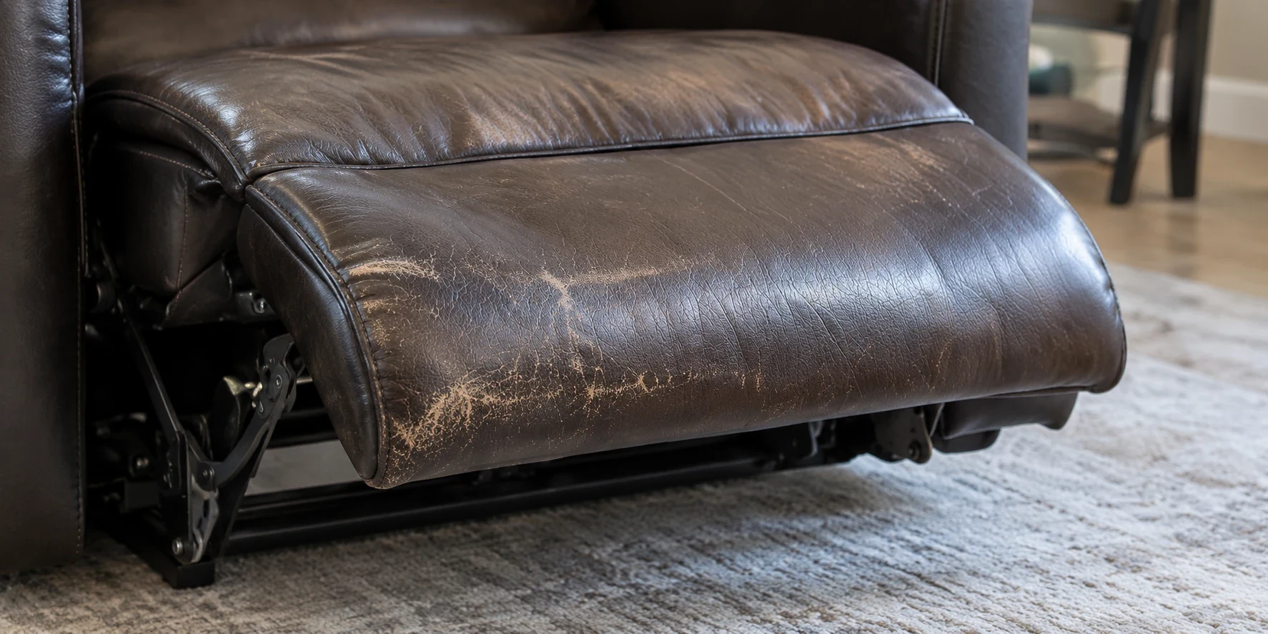 The extended footrest of a brown leather recliner cracked and flaking along the fold
