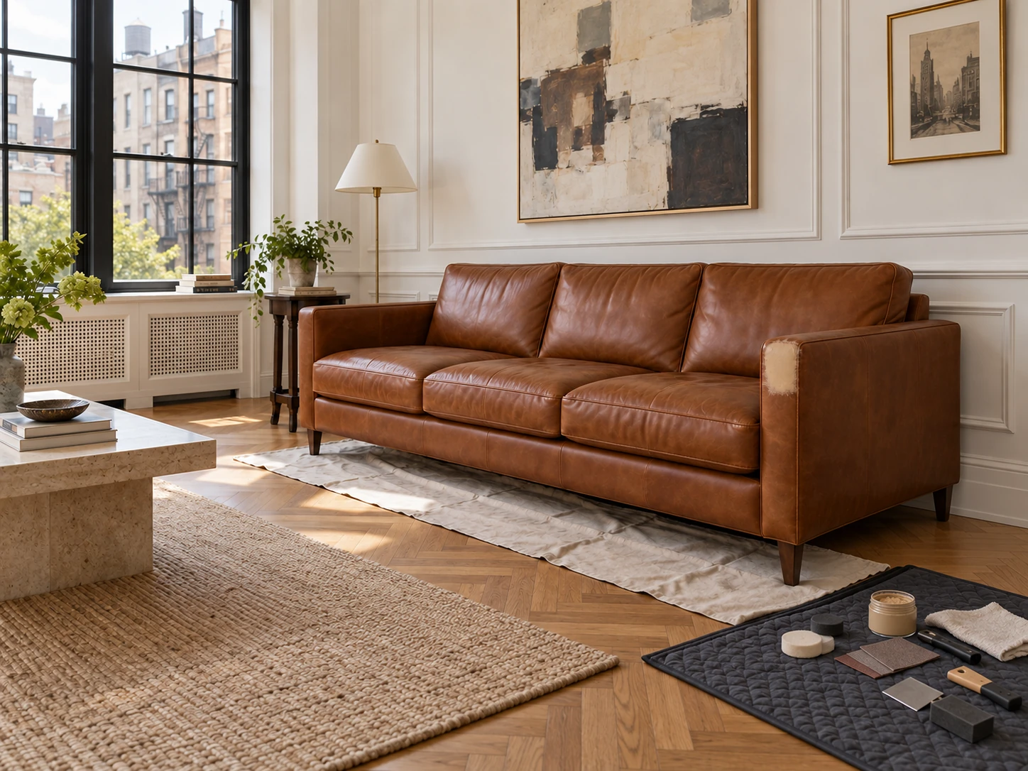 A leather sofa arm mid-repair, filled and leveled