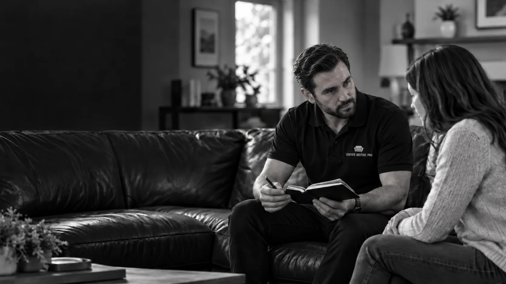 Leather repair contact visit, a specialist reviewing sofa damage with a client at home