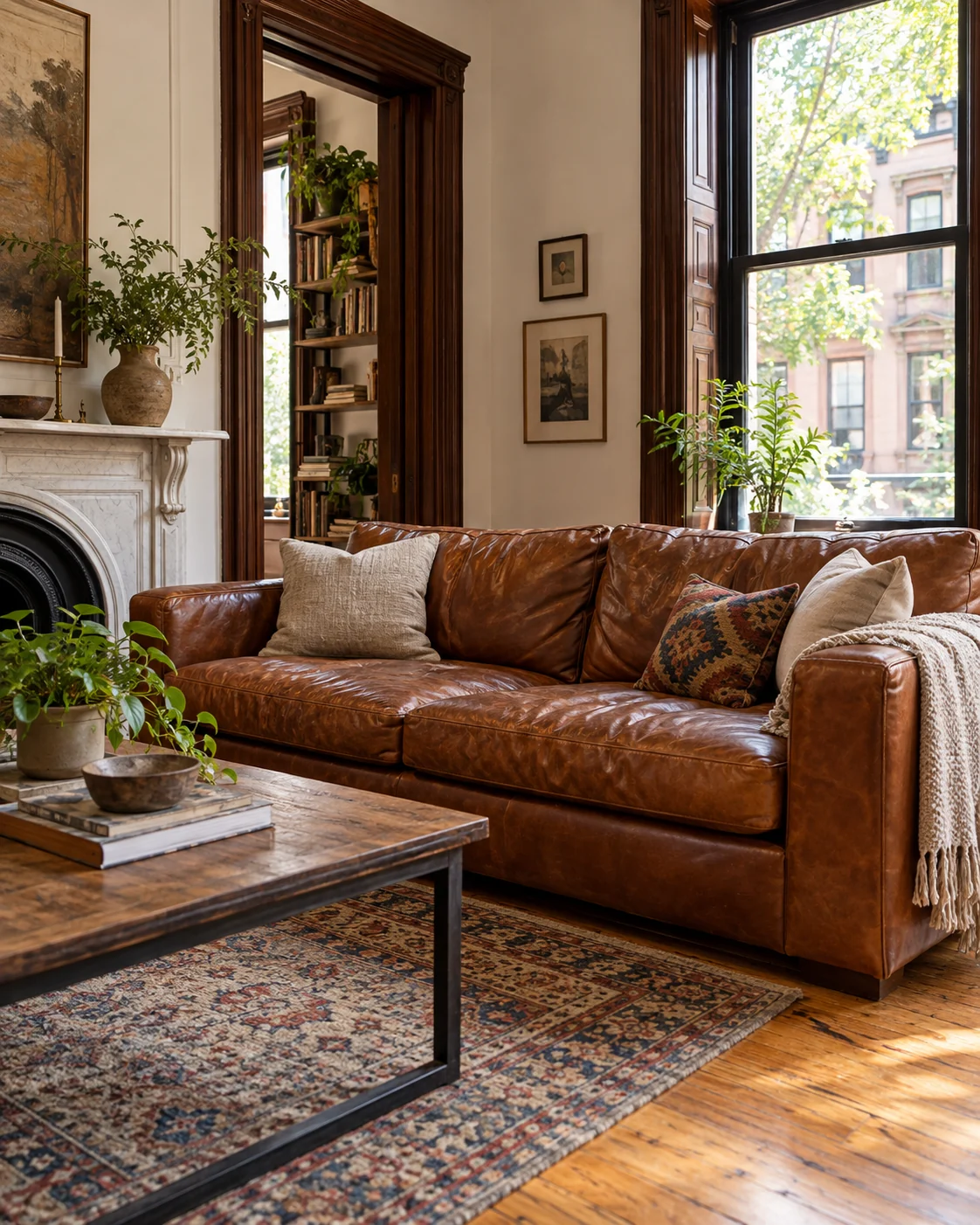 A Brooklyn brownstone living room with a leather sofa
