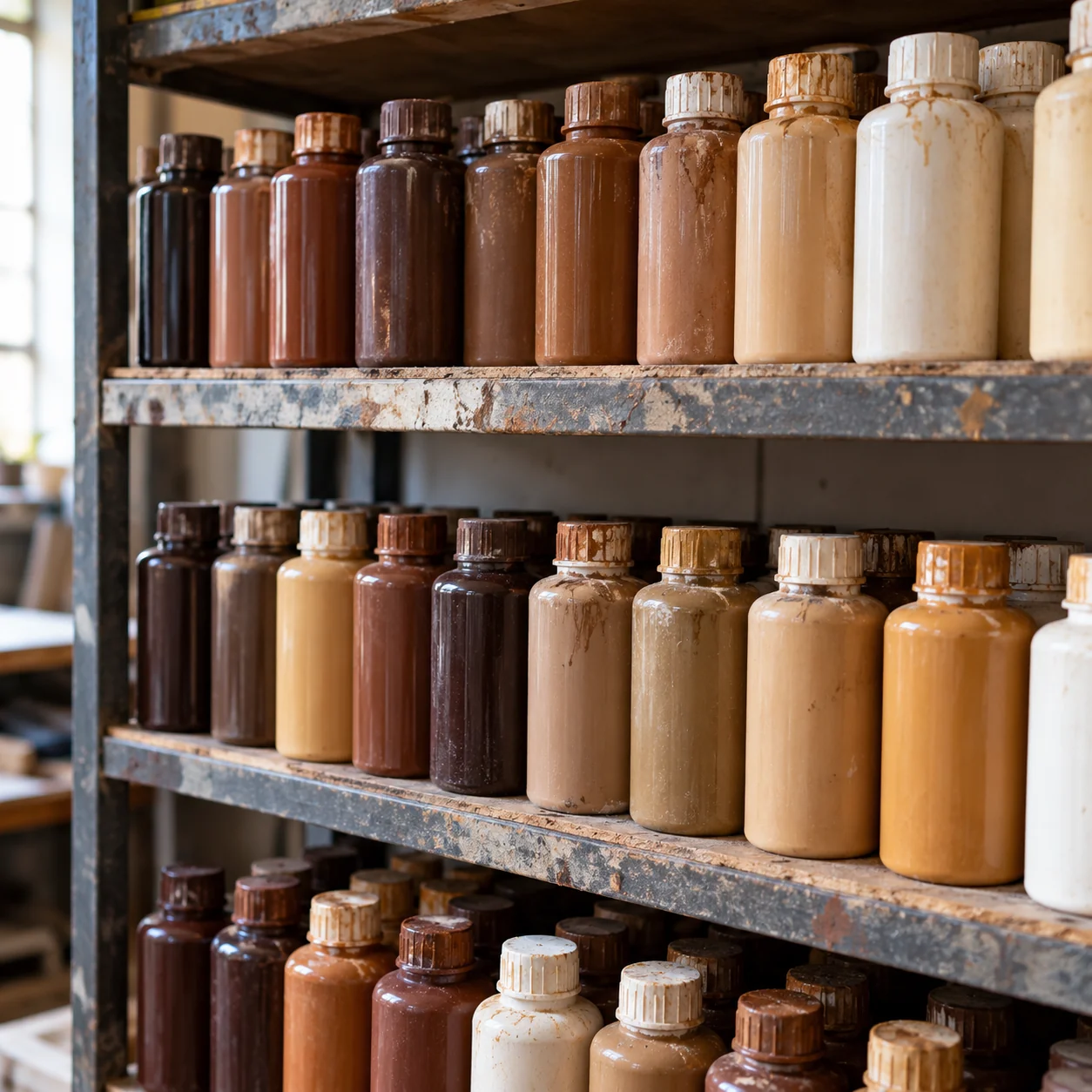 A shelf of leather color pigment bottles