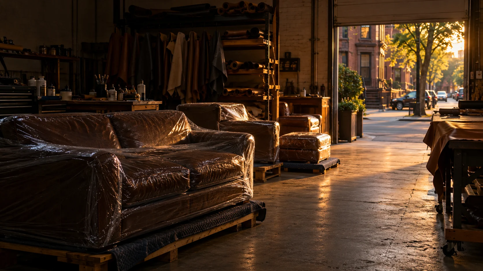 The Leather Restore Pro workshop in the evening with finished pieces wrapped and ready