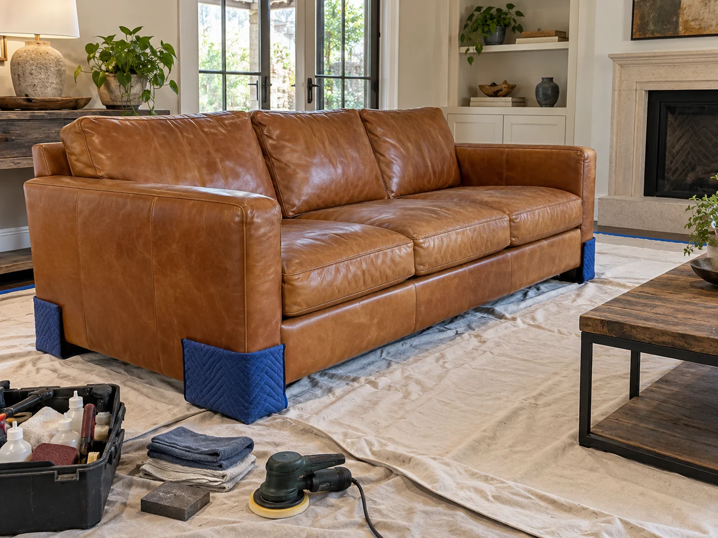 Drop cloths and corner protection laid in a living room