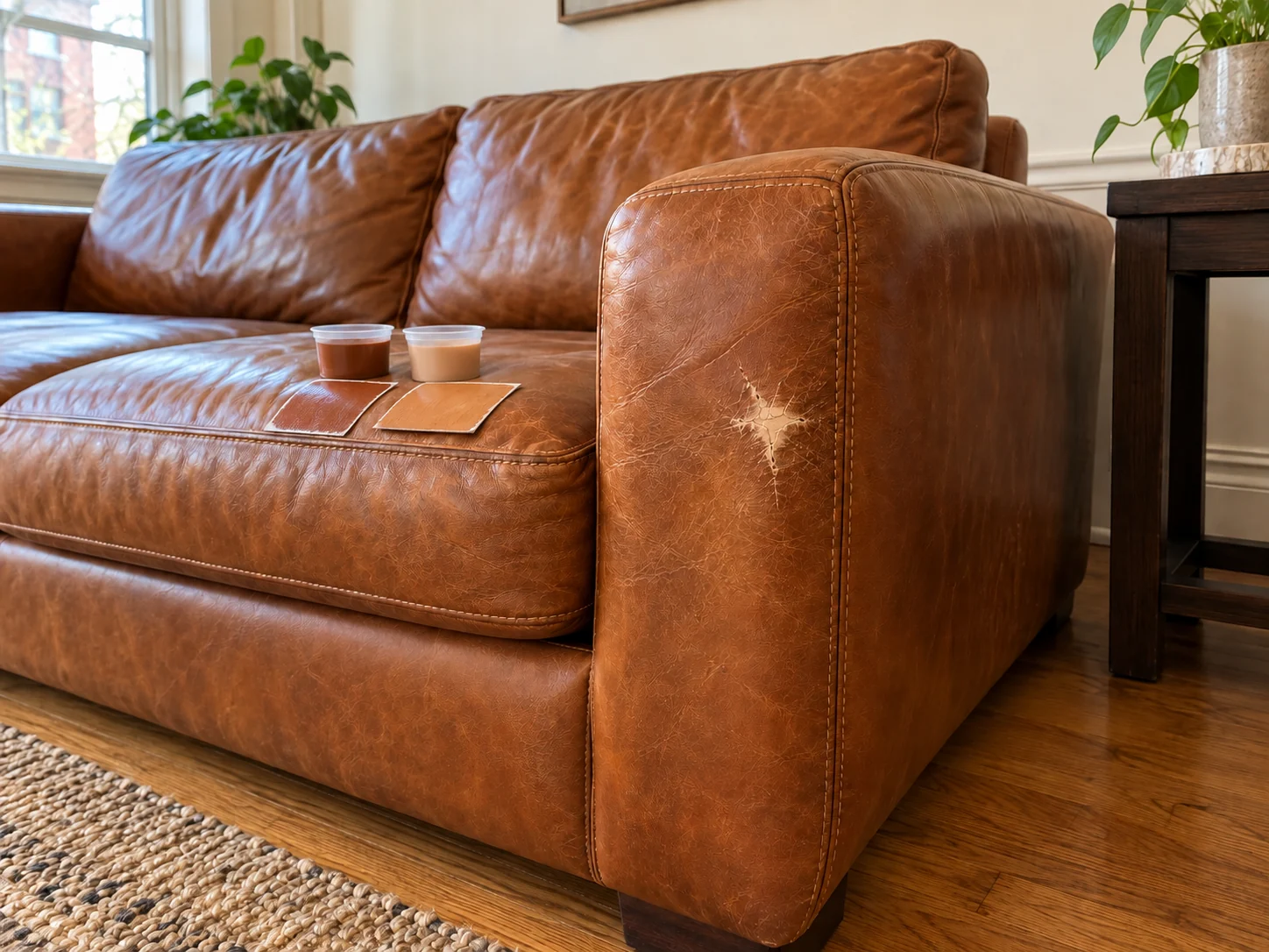 Flexible filler built up in thin layers on a sofa arm